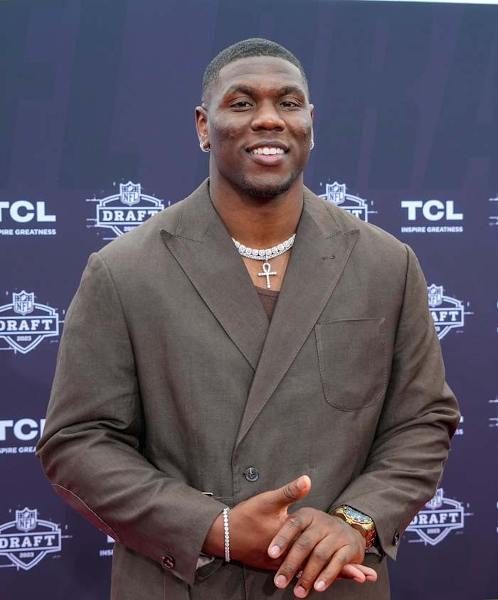 Georgia Tech defensive end Keion White walks the NFL Draft Red Carpet before the first round of the 2023 NFL Draft at Union Station.